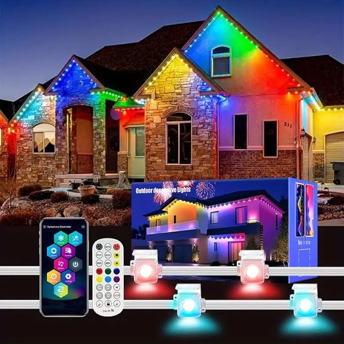 Permanent Outdoor Lights, 150FT RGB LED Smart Eaves Lights with 90 LEDs, IP67 Waterproof, Remote/APP Control, DIY Scene Modes, Music Sync Lighting for Party, House, All Holiday Decorations