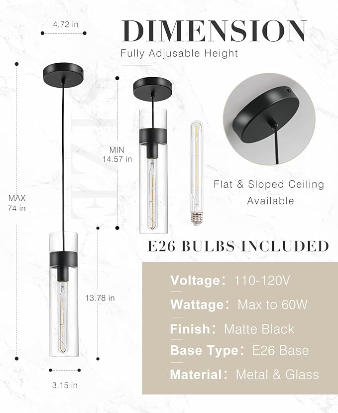 2 Pack Black Pendant Lights Kitchen Island (Bulbs Included), Adjustable Modern Glass Pendant Light Over Island, Industrial Pendant Light Fixtures for Dining Room Hallway Bedroom Living Room