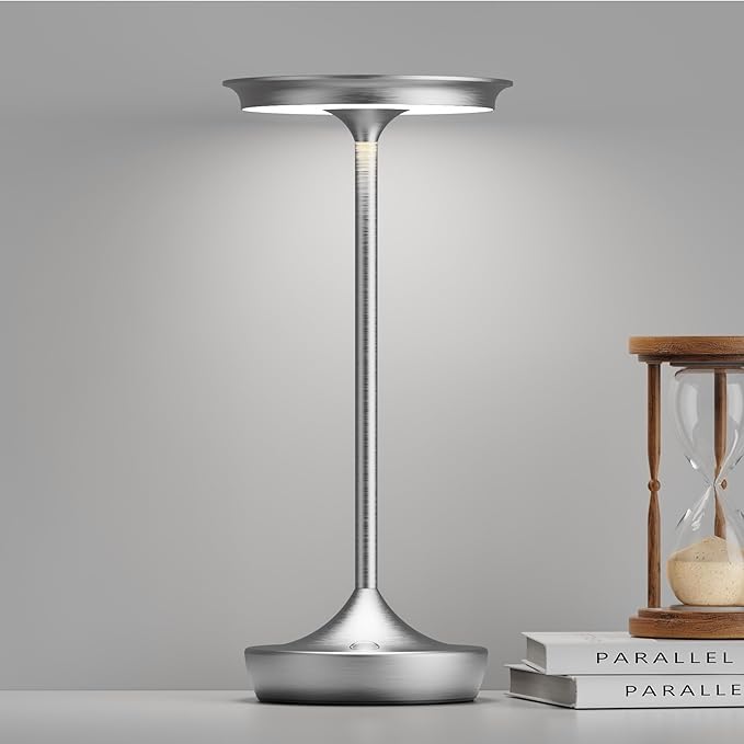 LED Cordless Table Lamps Rechargeable - Outdoor 6000mAh Battery Operated Portable Tables Light 3 Color Stepless Dimming Lamp with Memory Function for Patio Restaurant Dining Silver