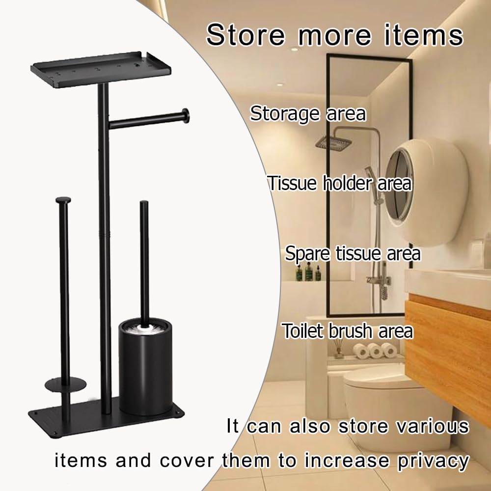Rustproof Metal Toilet Paper Holder by [Brand Name] - Free Standing Design for 3 Rolls with Anti-Slip Base & Shelf for Phone, Black