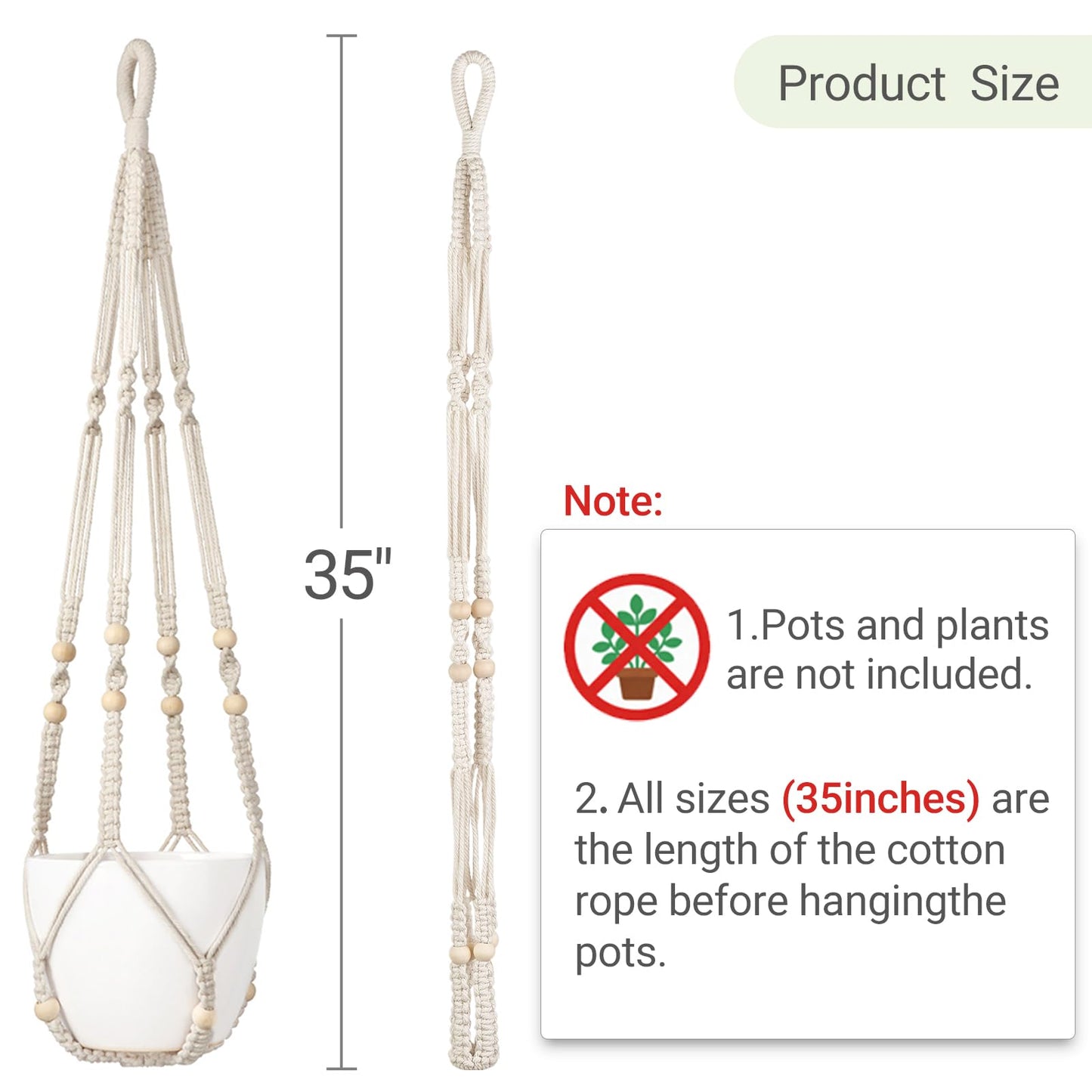 Dahey Macrame Plant Hanger Set of 2 Indoor Outdoor Hanging Planter with Wood Beads Decorative and 2 Hooks Flower Pot Plant Holder No Tassels for Boho Home Decor, 35 Inch, Ivory(Pots Not Included)