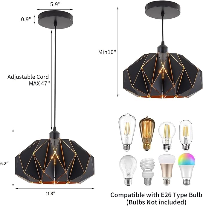 Industrial Black Pendant Lights Kitchen Island,11.8" Metal Dome Hanging Lighting Fixture Modern Wire Cutting Hollow Out Chandelier for Dining Living Room Bar Counter Restaurant,E26