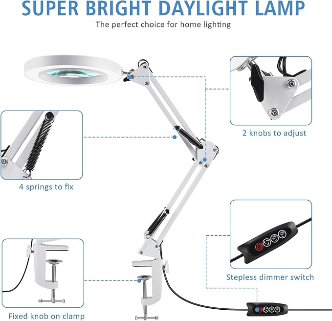 LANCOSC 10X Magnifying Glass with Light and Stand, Optical-Grade Glass Lens, 3 Color Modes Stepless Dimmable, Adjustable Swivel Arm, LED Magnifier Desk Lamp for Close Work Repair Crafts Reading, White