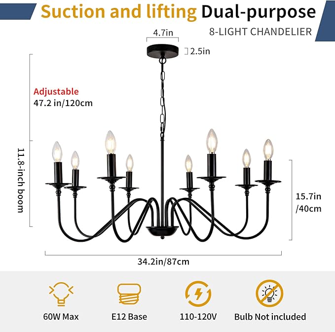Black Farmhouse Chandeliers, 8 Light S-Arm Modern Candle Hanging Pendant Light, Industrial Rustic Metal Ceiling Kitchen Island Light for Living Room, Entryway, Foyer, Bedroom, Dining Room