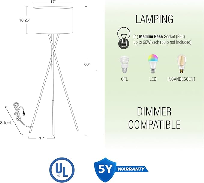Kira Home Sadie 61" Mid Century Modern Tripod LED Floor Lamp + 9W Bulb (Energy Efficient/Eco-Friendly), Leather Accent Legs, Black Drum Shade, Black Finish