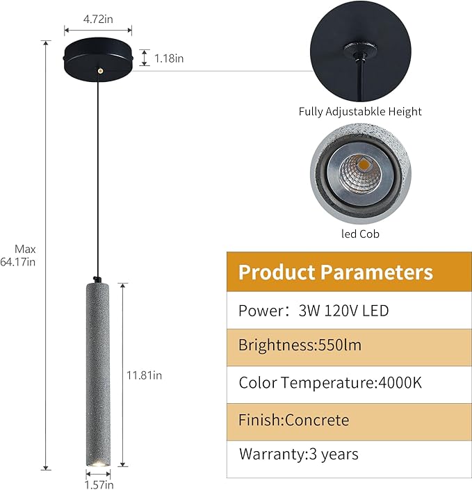 Concrete ﻿Linear Black Pendant Light,Modern Industrial Hanging Cement Pendant Lighting Fixture for Kitchen Island Dinning Room Bedroom Bedside Table Pendant Lights(3-Pack)