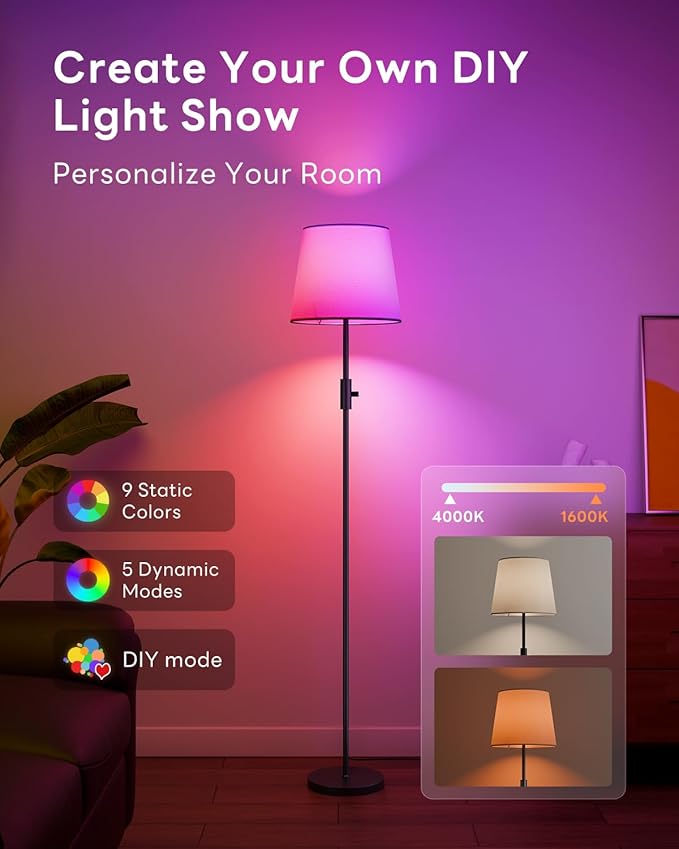 Dimmable Floor Lamp, 1200 Lumens RGBCW Color Change Bulb Included, Standing Lamp with Linen Shade, 62" Tall Lamp with Remote for Living Room, Bedroom, Office, Dining Room, Kitchen, Black