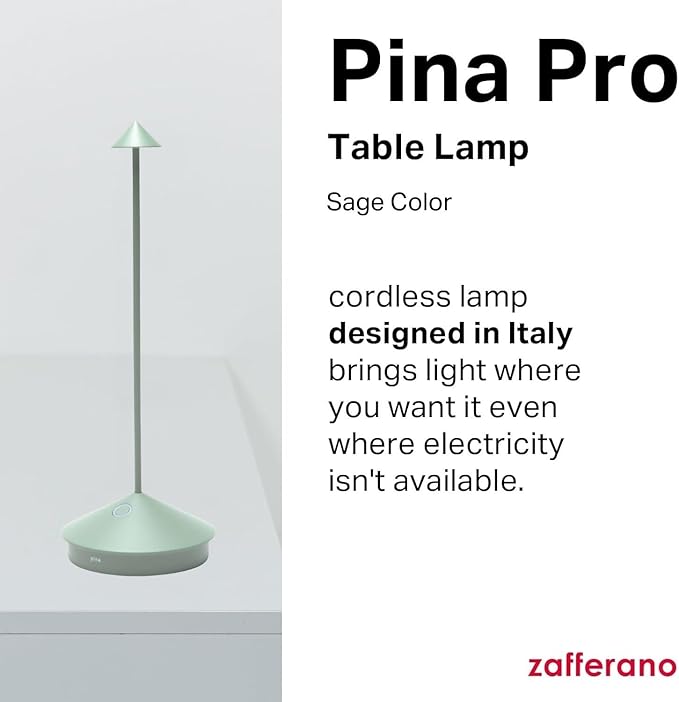 Zafferano, Pina Pro Lamp, Rechargeable Cordless Table Lamp with Touch Controls, Suitable for Indoor and Outdoor, Dimmer, 2200-3000 K, Height 11.4 Inches, Sage Color