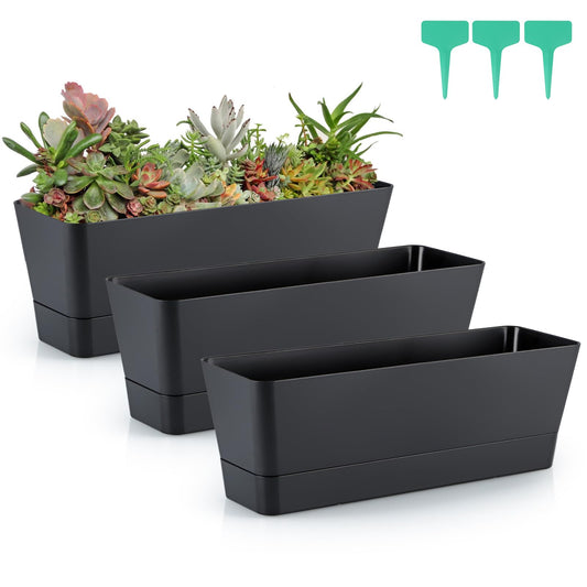 Skelang 3 Pcs Rectangular Plant Pot, 12" Flower Planter Box, Windowsill Container for Succulent, Herb, Vegetable (Black)