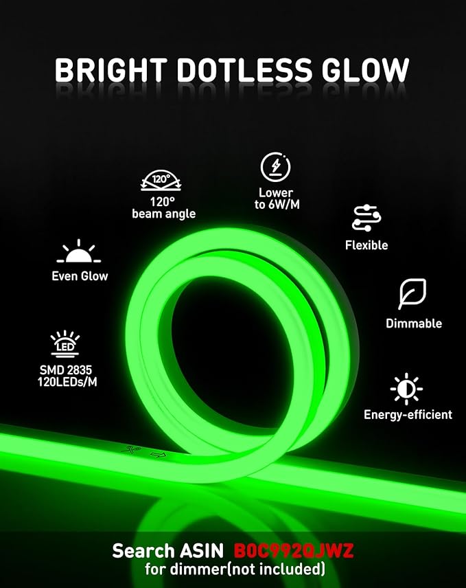 Shine Decor LED Rope Lights AC 120V, Connectable & Cuttable Dotless 120LEDs/M Eco Neon Strip Lighting, ETL IP65 Waterproof & Weather-Resistant for Home Commercial, 8x16mm, Green, 32.8FT
