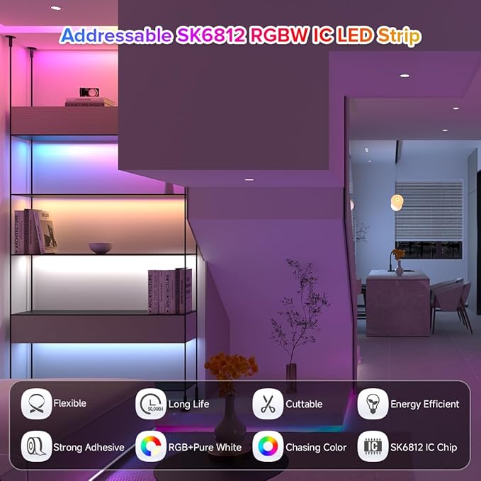BTF-LIGHTING SK6812(Similar WS2812B) UL Listed RGBW RGB+Cool White(6000K) Individually Addressable DC12V 16.4FT 30LED/m 4 Colors in 1 Light Dream LED Strip IP30 White PCB(No Adapter or Controller)