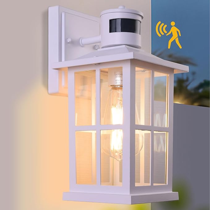 Outdoor Motion Sensor Light, Black Exterior Wall Lighting Fixtures,Dusk to Dawn Motion Sensor Outdoor Lights, Waterproof Front Porch Light Lantern for Garage, Patio. (White, 1 Pack)