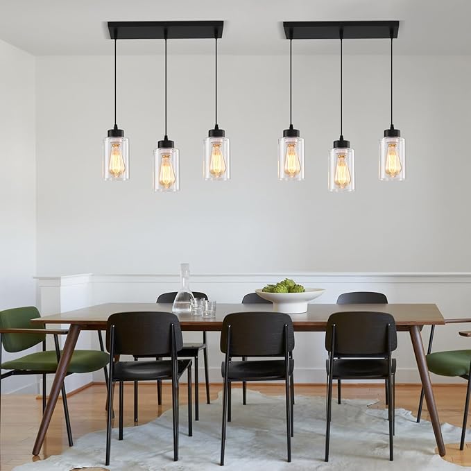 Black Chandelier,Farmhouse Light Fixtures Over Table, Dining Room Light Fixture Kitchen Island Lighting Chandeliers,Modern Pendant Light with Clear Glass Shade,Industrial Hanging Lighting