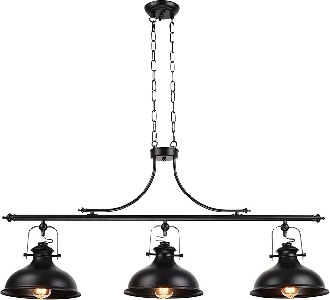 GZBtech Vintage 3-Light Pendant Lighting Fixture, 59.06'' H Adjustable Rustic Hanging Billiard Light Over The Pool Table, Industrial Black Metal Chandelier for Dinning Room Kitchen Island, UL Listed