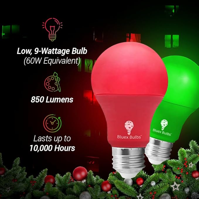 Bluex Bulbs 2 Pack Bluex LED A19 Red Light Bulb - 9W (60Watt Equivalent) - E26 Base Red LED Lights, Party Decoration, Porch, Home Lighting, Holiday Lighting, Decorative Illumination