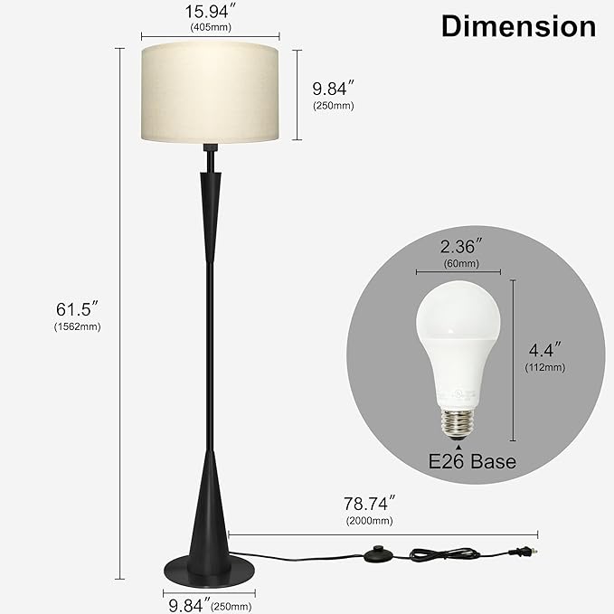 Floor Lamp for Living Room, Wood 3 Color Temperatures & Linen Shade, Modern Reading Standing Lamp with 9W LED Bulb, Mid Century Night Light for Farmhouse, Bedroom, Office, Black