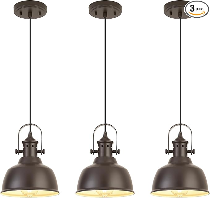 Farmhouse Small Pendant Lights, Oil Rubbed Bronze Pendant Lighting for Kitchen Island, lndustrial Adjustable Height Hanging Light for Barn, Dining Room, 3 Pack