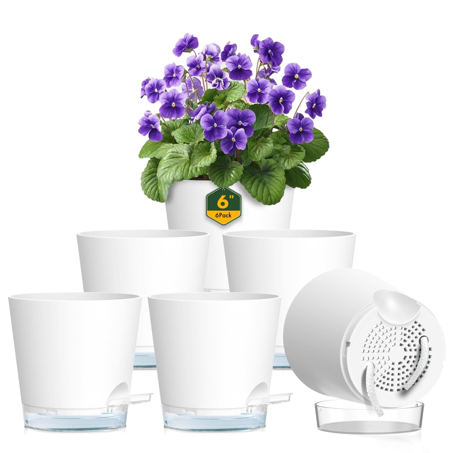 Meowell 6 inch Self Watering Pots for Indoor Outdoor Plants, 6 Pack Flower Plant Pots with Drainage Holes and Clear Reservoirs, Visible Water Level, Plastic Planters with Wicking Rope, White