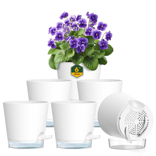 Meowell 6 inch Self Watering Pots for Indoor Outdoor Plants, 6 Pack Flower Plant Pots with Drainage Holes and Clear Reservoirs, Visible Water Level, Plastic Planters with Wicking Rope, White