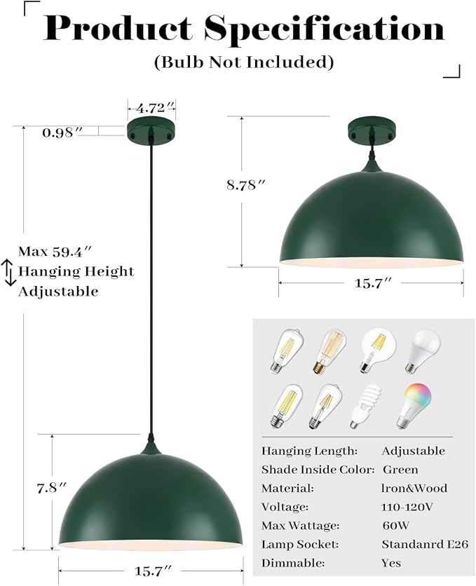 Green Pendant Lights Kitchen Island, 16 Inch Large Pendant Lights Kitchen Island, Large Dome Pendant Light, Modern Farmhouse Pendant Light for Kitchen Island, Dining Room, Cafe, Bar, 2 Pack