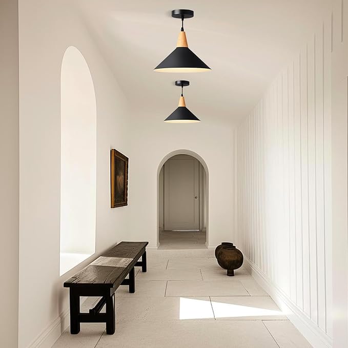 Modern Black Pendant Light Fixtures, 11.8" Farmhouse Wood Pendant Lighting, Industrial Cone Hanging Lights for Kitchen Island,Dining Room,Hallway,Barn,Entryway,Restaurant