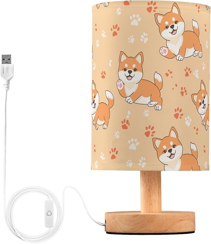 Fustylead Cute Happy Shiba Inu and Paw Prints Bedside Table Lamps with USB Port for Bedroom Lamp Accent Table Lamp Small Nightstand Lamp Linen Shade Decorative Lamps for Kids|Reading|Dome|Home