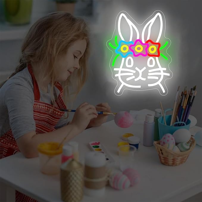 Easter Neon Sign for Wall Decor Easter Bunny Neon Sign Cute Rabbit Wearing Flower Neon Led Lights for Spring Bar Living Room Party Holiday Bedroom Gifts