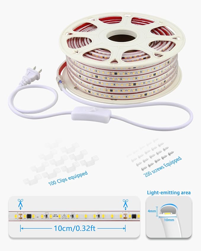 Outdoor LED Strip Lights Waterproof 100FT Self-Adhesive Warm White AC 110V-120V LED Rope Light with Switch Plug in SMD 2835 120LED/M Ultra Bright for Christmas Home Indoor Outdoor Decor IP67
