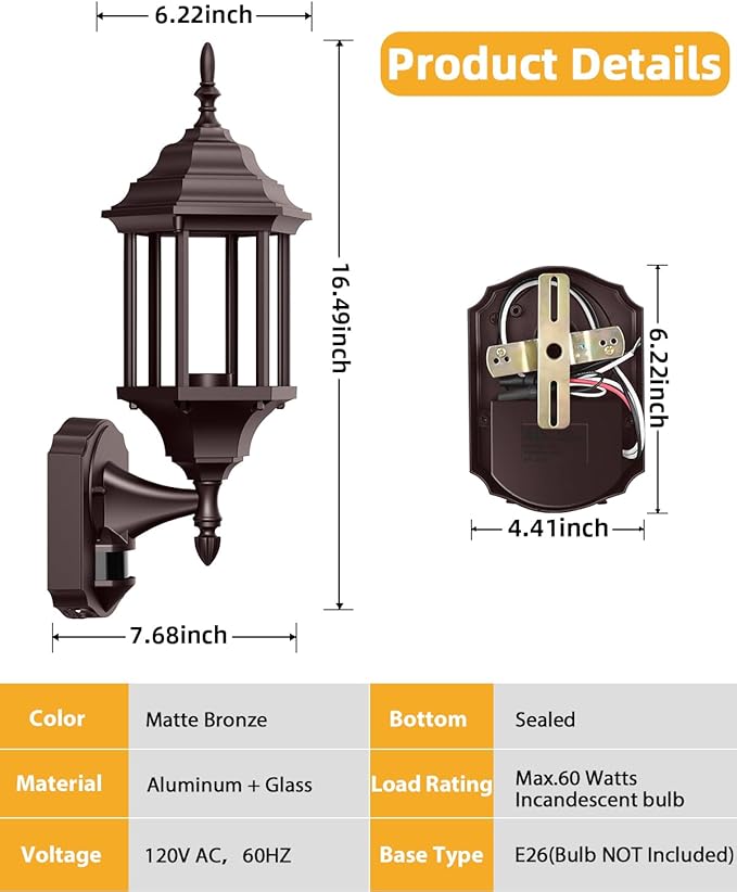 Redluck Motion Sensor Outdoor Lights, 2 Pack 16 inch Dusk to Dawn Outside Porch Lights, Waterproof Anti-Rust Outdoor Wall Lights Exterior Lighting Fixtures for House, Front Door, Brown