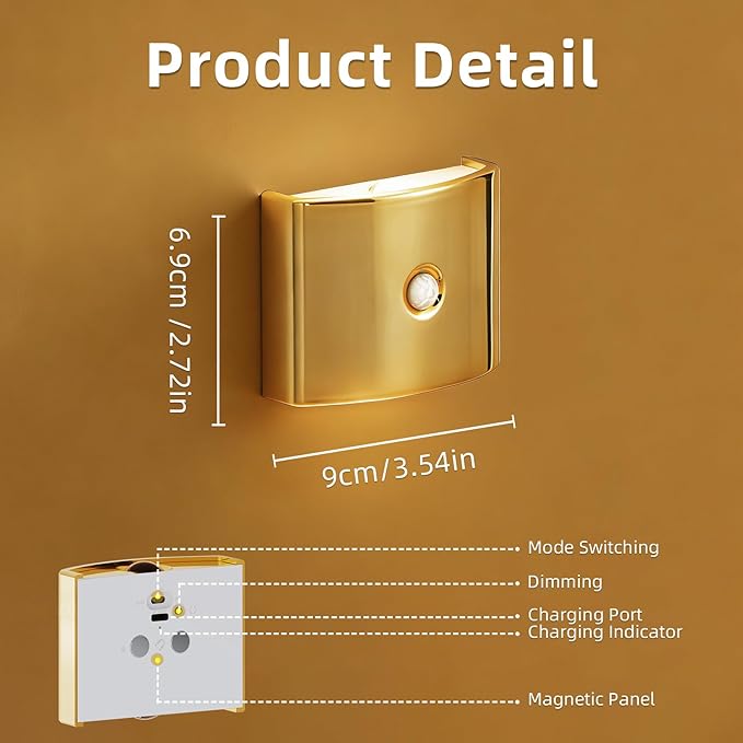 2 Pack Motion Sensor Wall Light, Rechargeable Wall Sconce with 3 Color Temperatures and Brightness Adjustable, Wireless Magnetic Mount for Bedroom, Stair, Hallway, Closet (Gold)