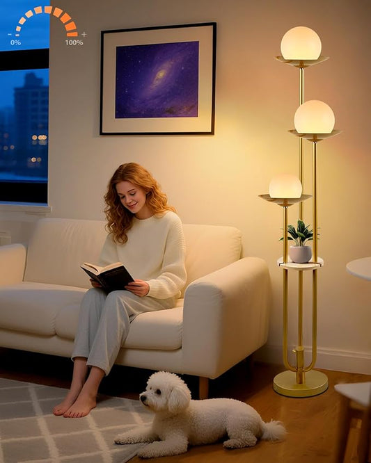Lightdot 63IN Globe Floor Lamp with Shelf 3-Lights Modern Gold Dimmable Floor Lamps with Bulbs Included for Wedding/Party, Tall Standing Lamp for Living Room/Bedroom/Sofa Beside/Corner Decor
