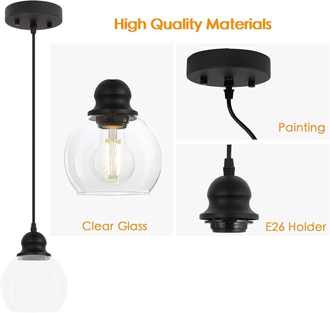 BoostArea Modern Pendant Light Fixtures, Industrial Hanging Ceiling Lamp with Clear Glass Shade, Pendant Lighting for Kitchen Island Living Room Hallway Bedroom Dining Hall Office Bar Farmhouse