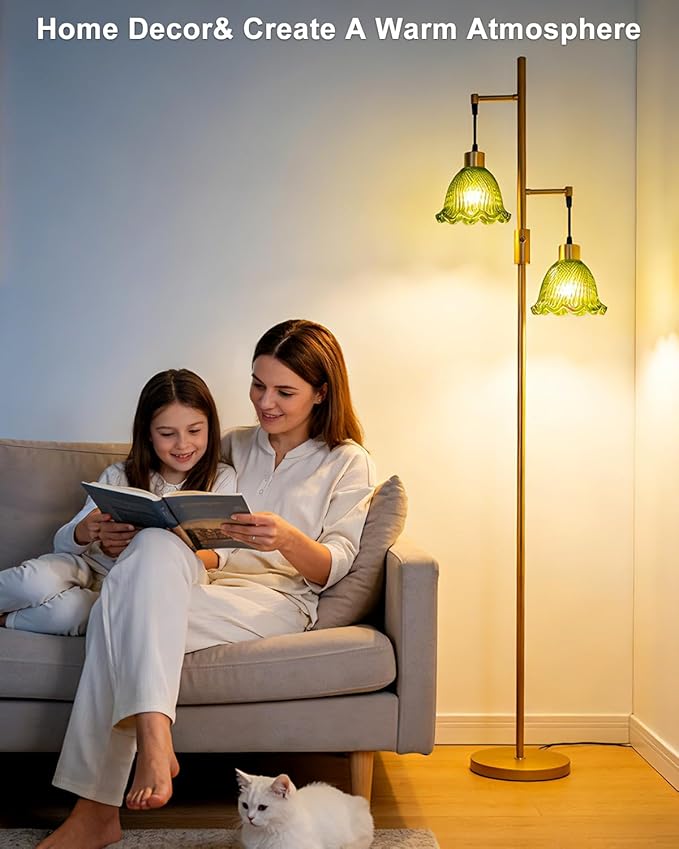 65IN Glass Floor Lamp, 2-Light Gold Tall Standing Lamps Dimmable with Green Glass Lampshade, 3000K Warmwhite Mid Century Modern Floor Lamp for Living Room/Bedroom/Sofa Beside/Home Decor