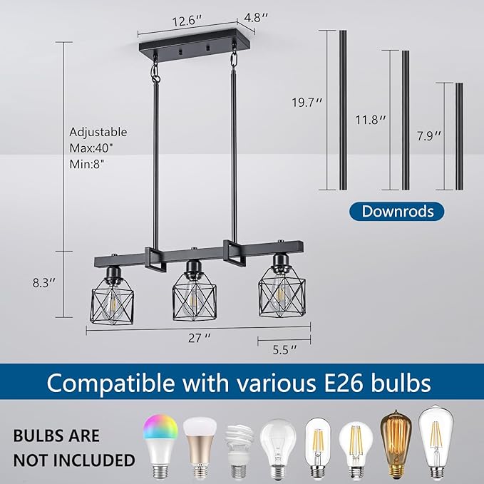 3-Light Vintage Industrial Pendant Light Over Table, Adjustable Hanging Light with Matte Black Metal Frame, E26 Base Modern Rustic Chandelier for Kitchen Island