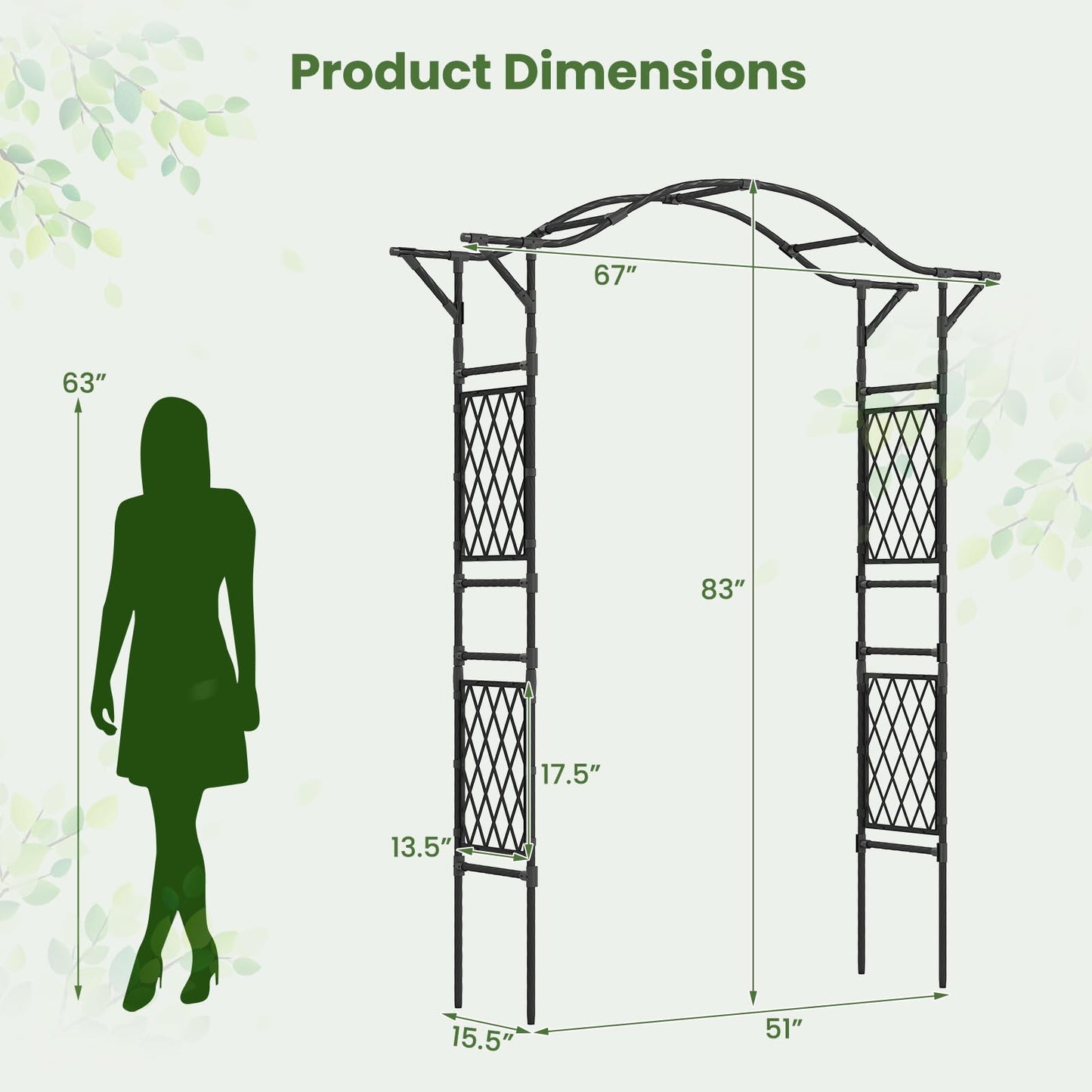 Giantex Garden Arch Trellis, 67''W x 83''H Metal Arbor with Corrugated PE-Coated Steel Tubes & Lattice Panels for Climbing Plants, Decorative Wedding Arch for Yard, Lawn, Party & Outdoor Events