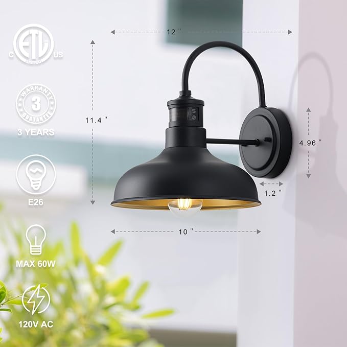 10in. Exterior Barn Style Motion Lights with Wall Mount, Dusk to Dawn Outdoor Motion Sensor Gooseneck Lighting Fixture for Farmhouse, Black Barn Porch Wall Lighting for Garage and House