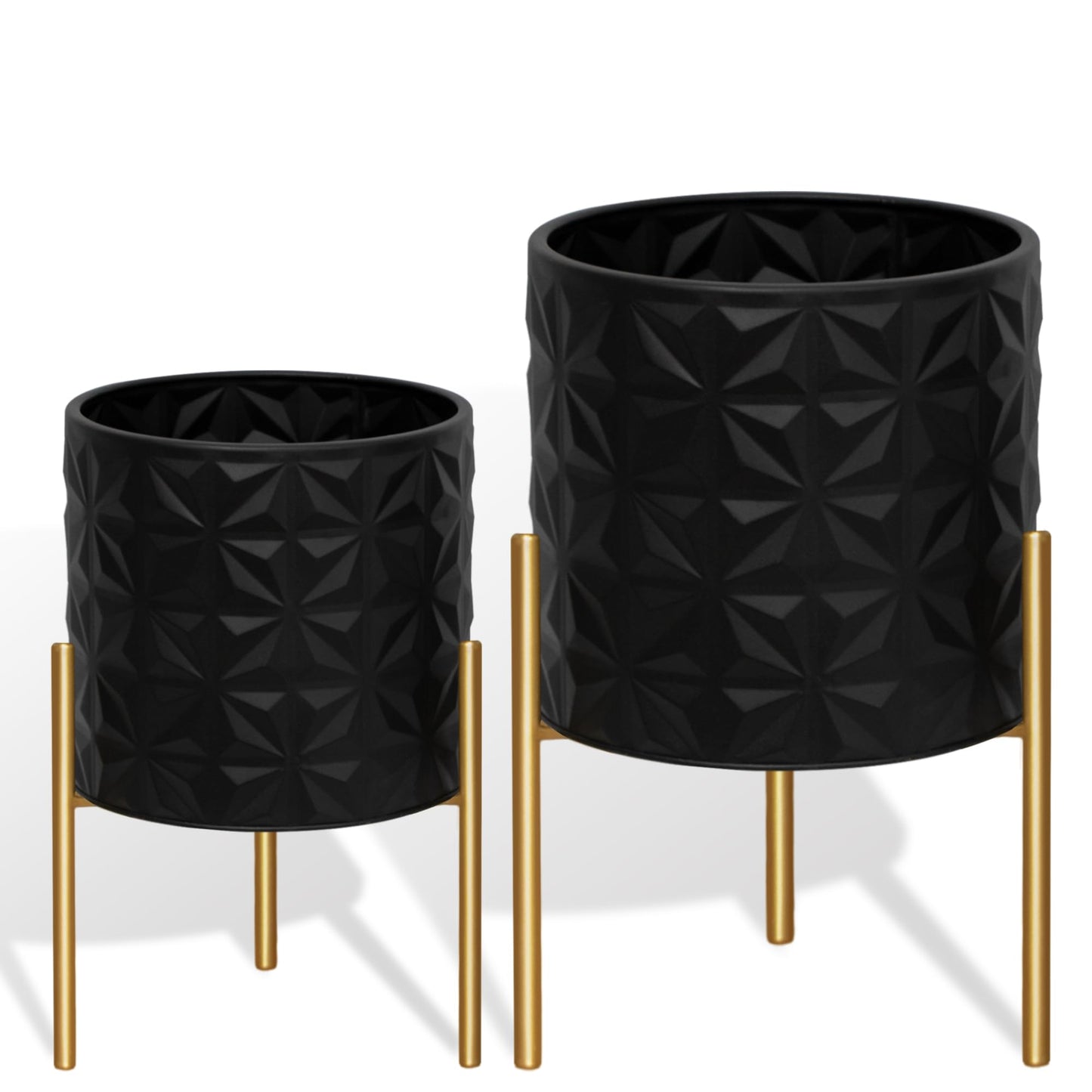 ARNIS Modern Planter Pots, Set of 2 Large Planters with Stand, Decorative Planters, Metal Pots with Drainage Holes for Living Room, Office, Garden or Balcony, 8.25 &10.5 Inch, Matte Black