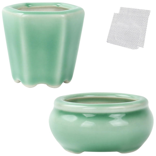 Bonsai Planter Succulent 2.4-2.8" (6-7cm) Mini Green Pots Value Set of 2