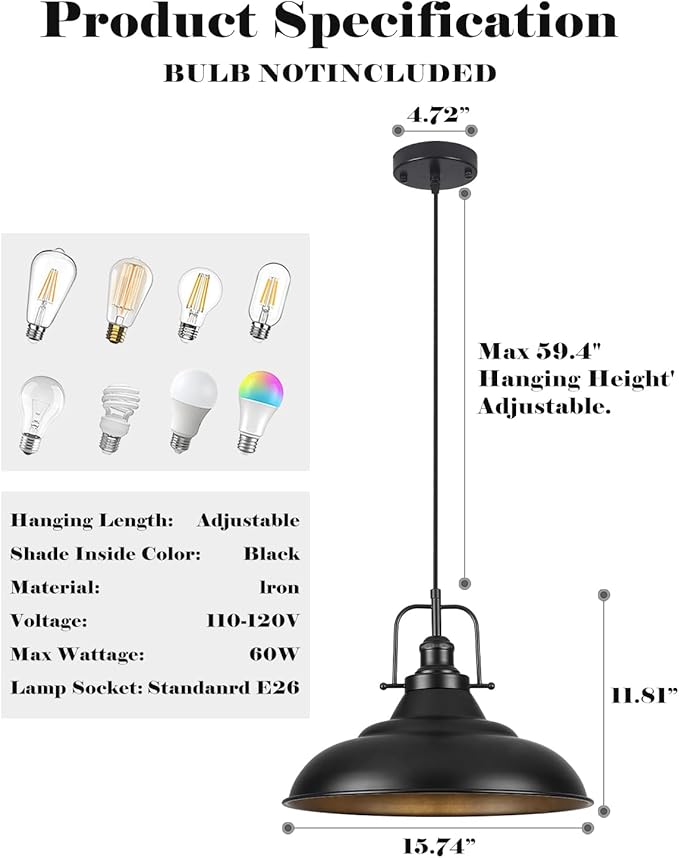 Black Pendant Light Kitchen Island,16 Inch Large Industrial Pendant Lights, Matte Black Pendant Lights, Vintage Farmhouse Pendant Light for Kitchen Island, Dining Room, Hallway (2 Pack)