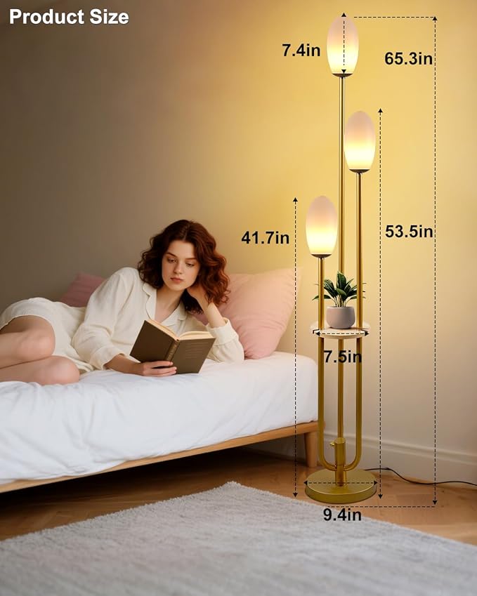 Lightdot Gold Floor Lamp Dimmable with Table, Tall Standing Lamps with 3-Oval Lampshades& LED Bulbs Included, 3000K Warmwhite Mid Century Modern Floor Lamp for Living Room/Sofa Beside/Corner Decor