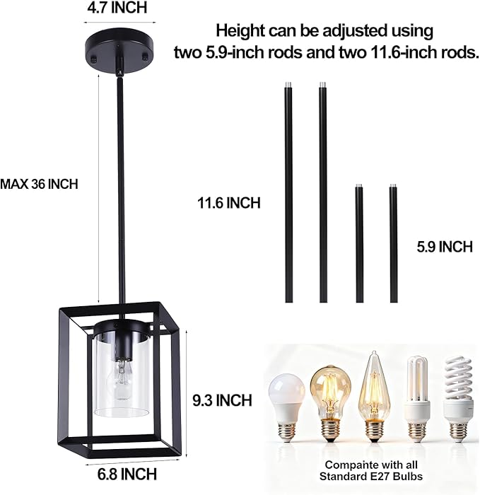 COTULIN 2 Pack Black Pendant Lights for Kitchen Island, Farmhouse 1-Light Iron Cage Metal Hanging Light with Clear Glass Shade, Industrial Lighting Fixtures for Living Room Bedroom Hallway Foyer