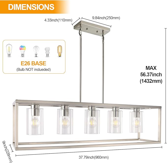 Chandeliers for Dining Room, 5 Light Dining Room Light Fixture Modern Metal Industrial Kitchen Lighting Fixtures Ceiling Easy Installation Kalium Pendant Lights for Bar Restaurant-E26 Socket,Sliver