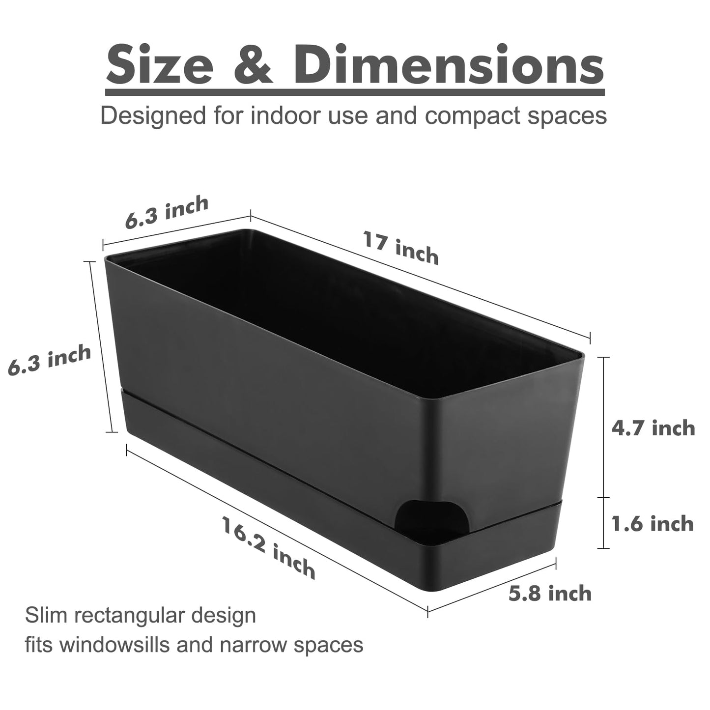 Party Zealot Self Watering Pots for Indoor Plants, 3 Pack Window Boxes Planters 17 Inch Rectangular Planter Rectangle Flower Pots Long Plant Pot Large Window Sill Herb Planter Box, Black