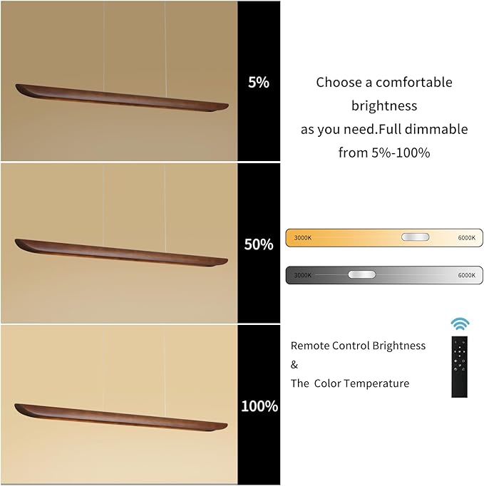 47" Wood Linear Pendant Light Modern Dimmable Kitchen Island Lighting with Remote 36W LED Island Lights Adjustable Linear Chandelier for Dinning Room Light Fixture, Bar, Pool Table Light Walnut Color