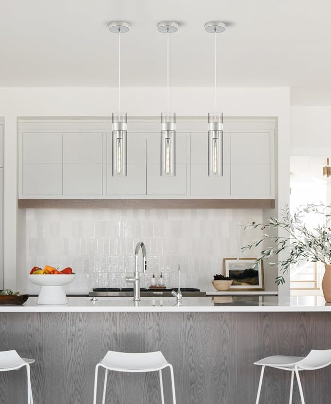 2 Pack Pendant Lights Kitchen Island (Bulbs Included), Brushed Nickel Adjustable Modern Glass Pendant Light Over Island, Industrial Pendant Light Fixtures for Dining Room Hallway Bedroom Living Room