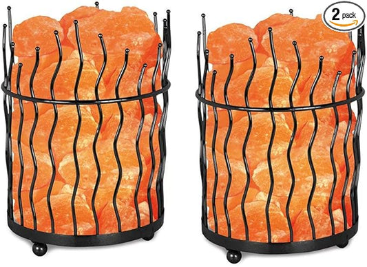 Himalayan Glow Pillar Style Basket Lamps, Pure Himalayan Salt Basket Night Lamp with Salt Chunks, Light Bulb and Dimmable Switch (2-Pack)