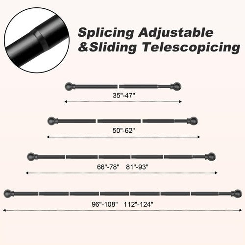 Black Curtain Rods for Windows 36"- 48", Decorative Drapery Rod Adjustable by Splicing, 5/8 inch Small Curtain Rod for Bedroom, Living Room, Kitchen and Outdoors