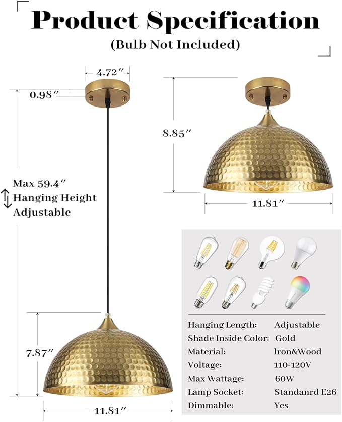 HLOHATAL Hammered Dome Pendant Light 1 Pack, Gold Dome Pendant Light, 12 Inch Metal Industrial Pendant Lights, Kitchen Island Pendant Lights for Kitchen, Dining Room, Bar