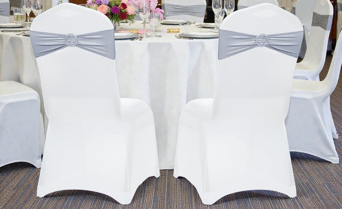 MDS Spandex Foil Chair Sashes - Universal Fit Elastic Stretch Bands with Buckle for Weddings | Metallic Silver, Pack of 150