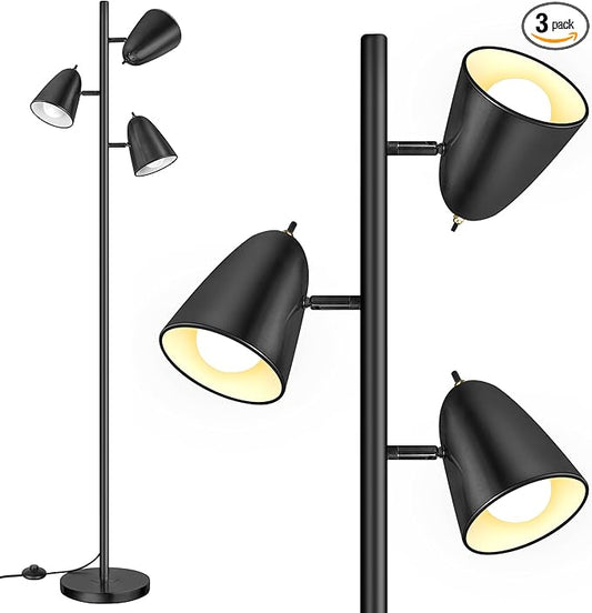 QiMH Tree Floor Lamp with 3 Light Bulbs, Standing Tall Pole Lamps for Living Room Bedroom Office, Reading Stand up Lamps with 3 Adjustable Arms, Black
